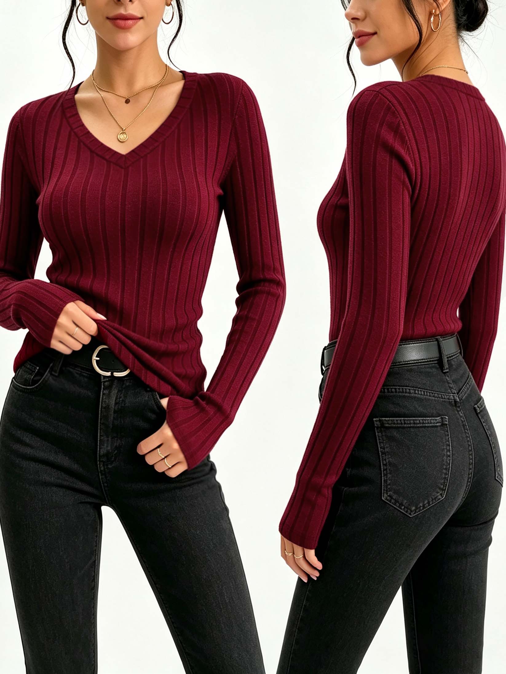 Women Solid V‑Neck Ribbed Knit - đánh giá và giá Winter Clothing For Women