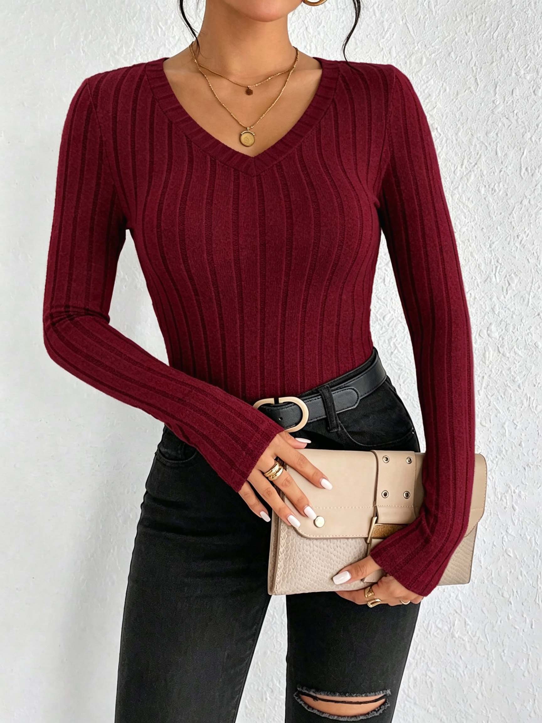 Women Solid V‑Neck Ribbed Knit - đánh giá và giá Winter Clothing For Women