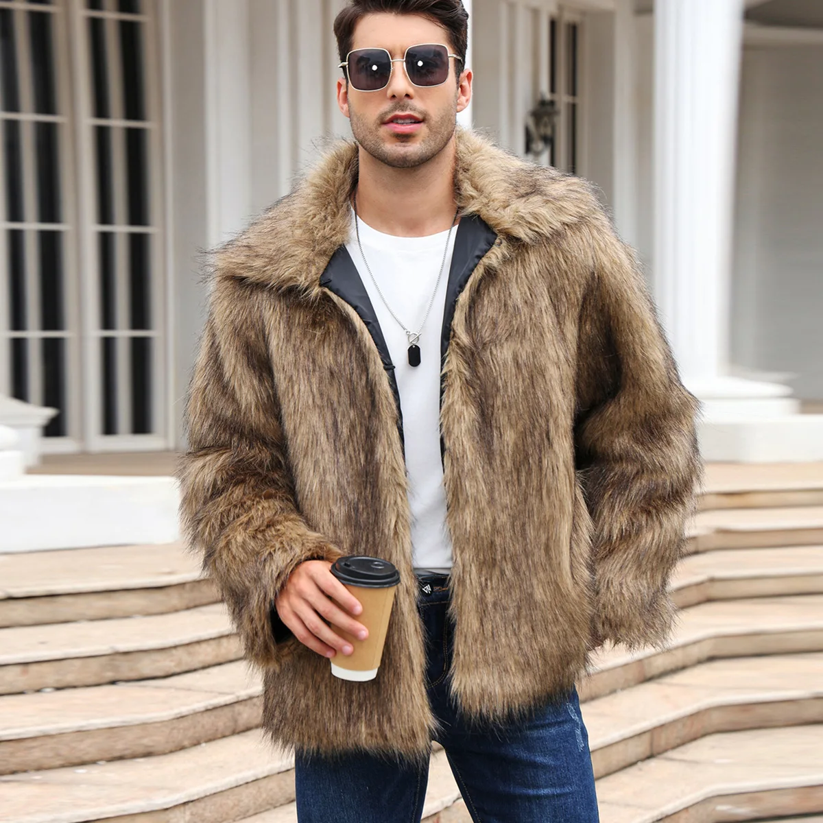 Men Faux Fox Fur Jacket Coat W - đánh giá và giá Winter Clothing Uae